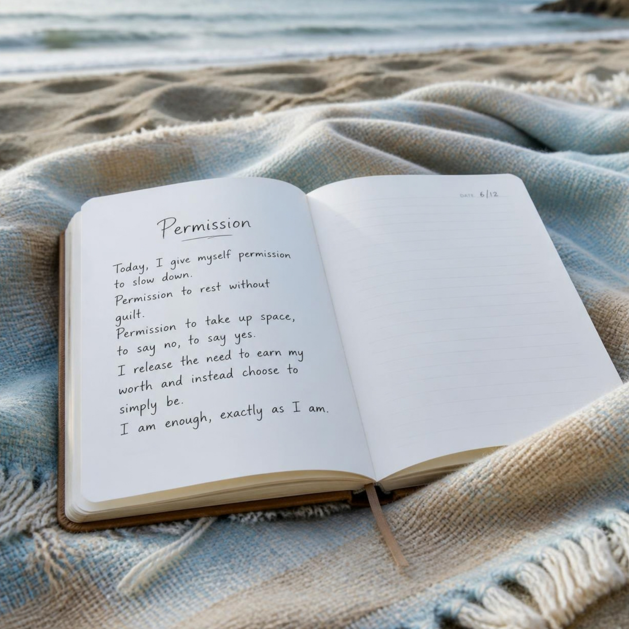 An open journal with a handwritten permission note on a beach blanket